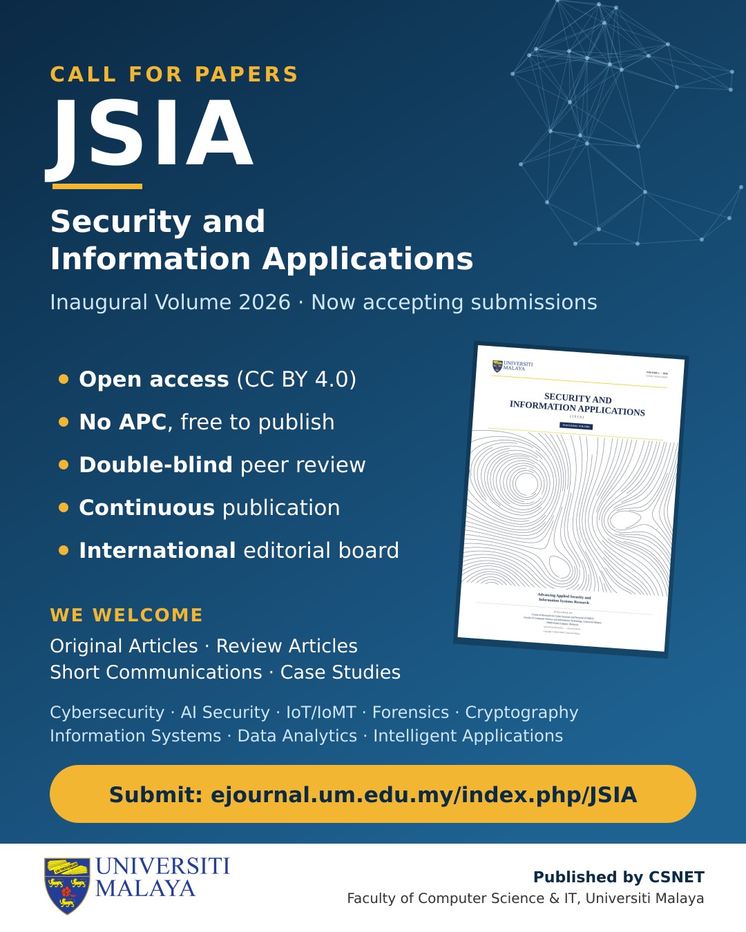 Call for Papers poster for Security and Information Applications (JSIA), Inaugural Volume 2026