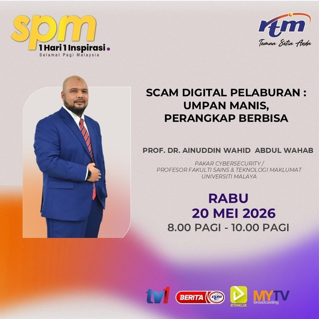 RTM Selamat Pagi Malaysia poster featuring Prof. Ainuddin Wahid Abdul Wahab on the topic Scam Digital Pelaburan, 20 May 2026